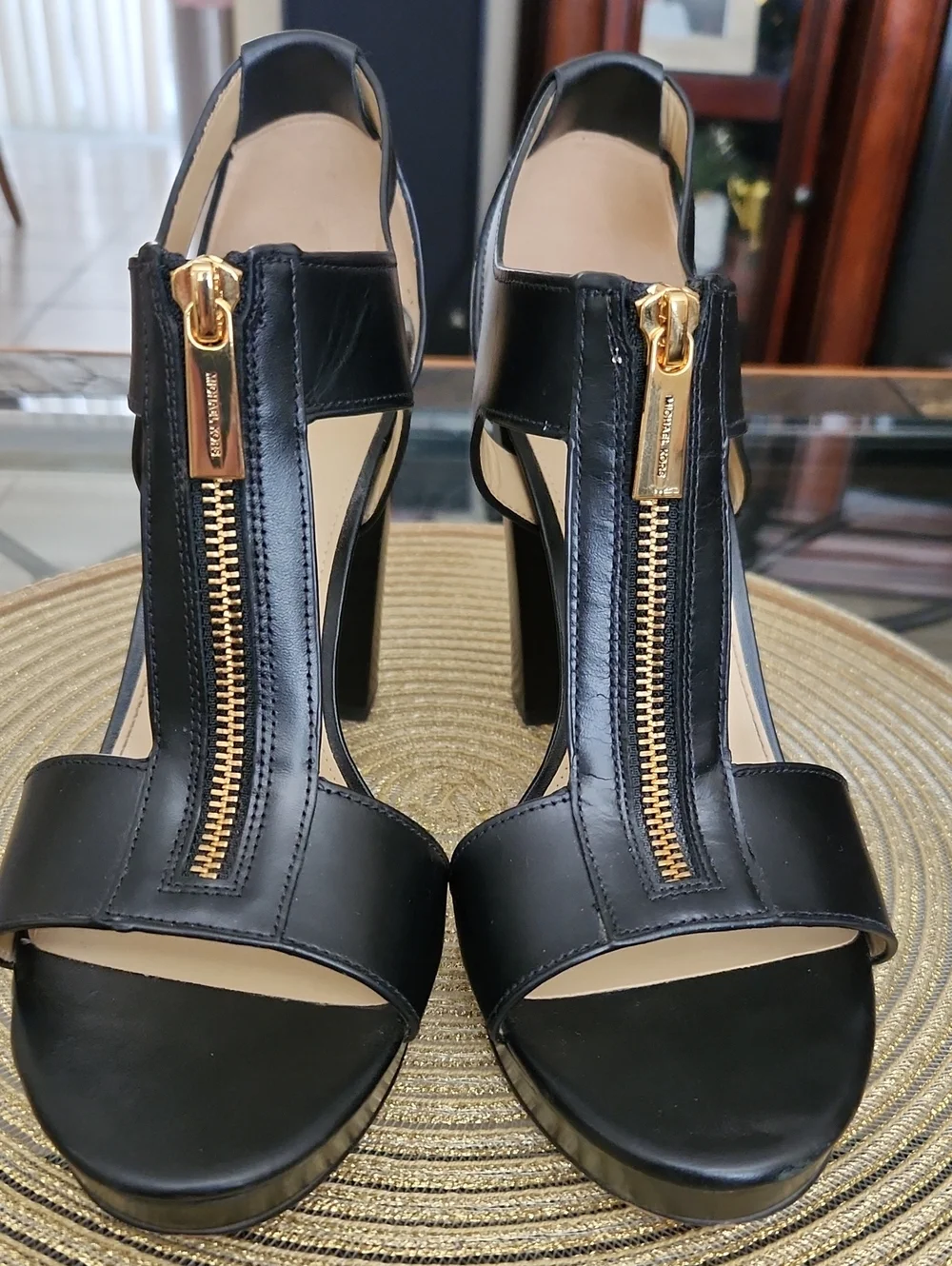 Michael Kors Berkley Black Leather T-Strap Platform Heels with Gold Zip Size 9.5